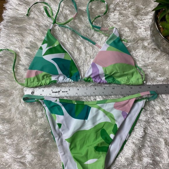 New Triangle String Bikini Set XL Matching Sarong Green Abstract print. - Picture 10 of 12
